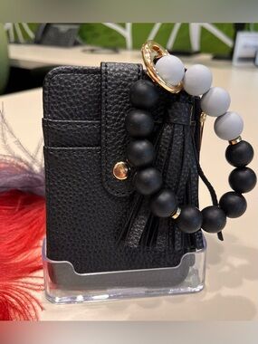 Black Pebbled Leather Wristlet  with Beaded Tassel